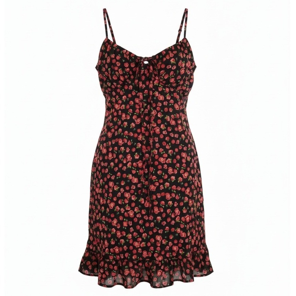 Y2K Size S Chiffon Slip Dress Black Rose Floral Dark Fairy Grunge‎ Romantic